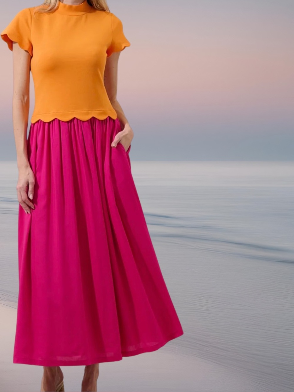 Sugarlips Marby Orange Fuchsia Midi Dress NWT M